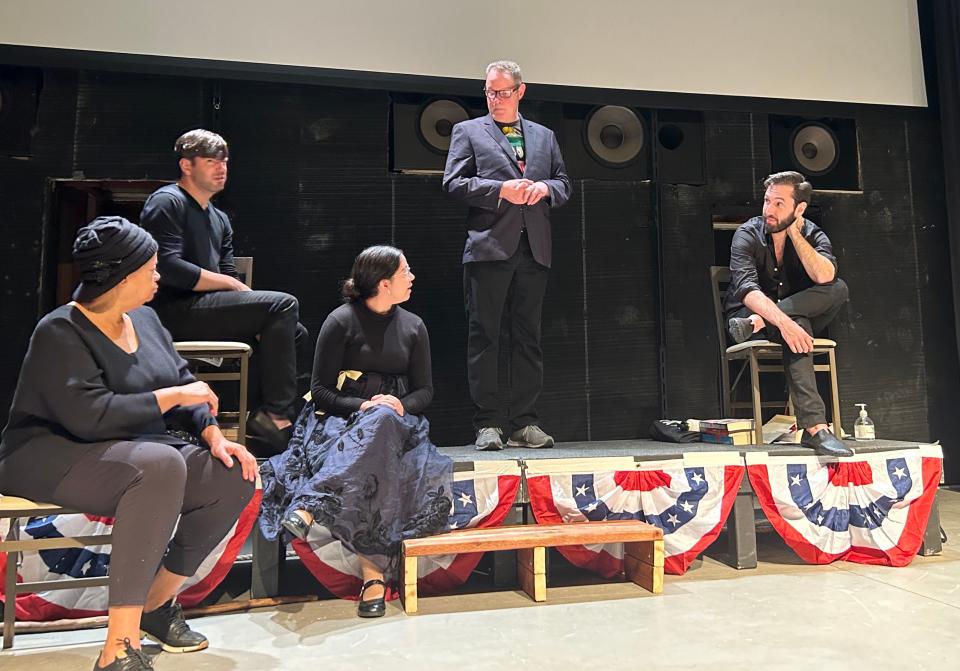 Cast members from the new play "The Lincoln Debate" rehearse.