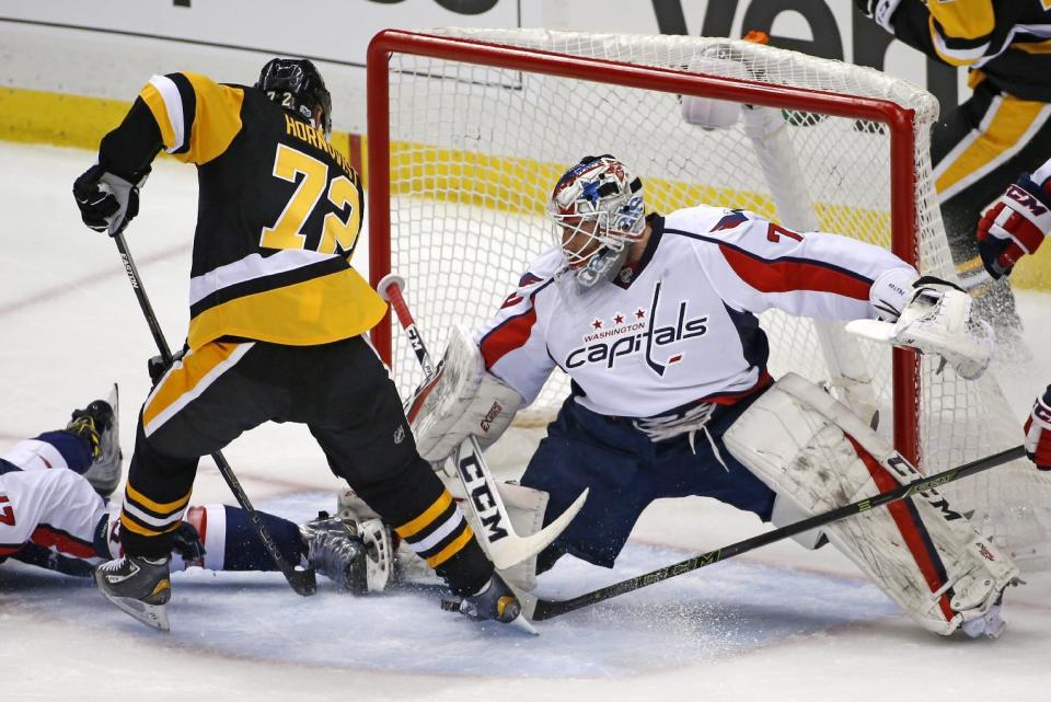 Washington Capitals goalie Braden Holtby (70) stops a shot by Pittsburgh Penguins' Patric Hornqvist (72) in the first period of an NHL hockey game in Pittsburgh, Monday, Jan. 16, 2017. (AP Photo/Gene J. Puskar)