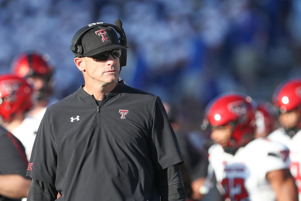 LAWRENCE, KS - OCTOBER 16: Texas Tech Red Raiders head coach Matt Wells in the third quarter of a Big 12 football game between the Texas Tech Red Raiders and Kansas Jayhawks  on Oct 16, 2021 at Memorial Stadium in Lawrence, KS. (Photo by Scott Winters/Icon Sportswire via Getty Images)