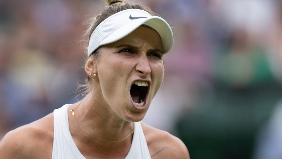 Seen here, Marketa Vondrousova roars in delight after sealing a spot in the Wimbledon final. 