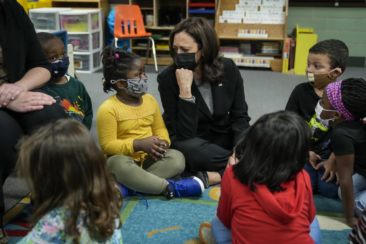 WEST HAVEN, CT - MARCH 26: U.S. Vice President Kamala Harris visits with students in a pre-school classroom at West Haven Child Development Center on March 26, 2021 in West Haven, Connecticut. Harris is traveling to New Haven, Connecticut to promote the Biden administration's recently passed $1.9 billion federal stimulus package. (Photo by Drew Angerer/Getty Images)