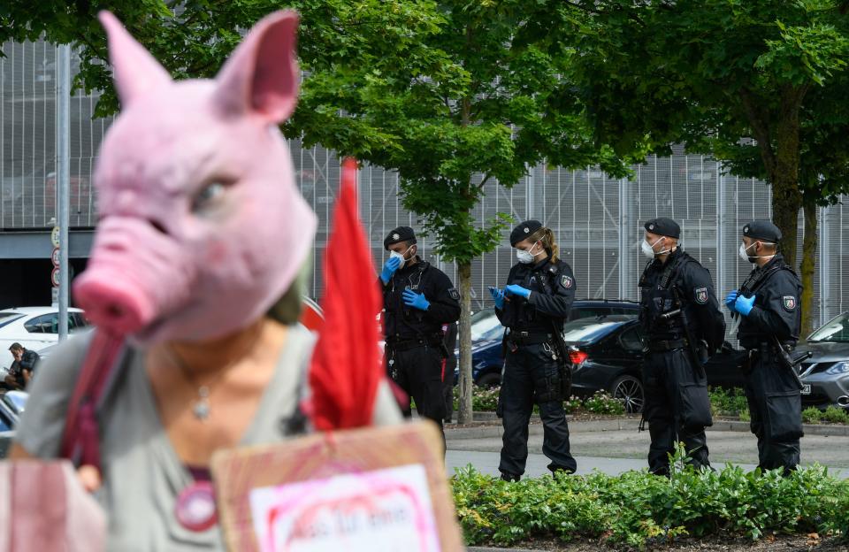 A demonstrator wearing a pig mask protests in front of the headquarters of abattoir company Toennies in Rheda-Wiedenbrueck, western Germany, on June 20, 2020, where the German army helps to establish a test center for the novel coronavirus. - The company stopped its production after hundreds of employees were tested positive on the novel coronavirus. 