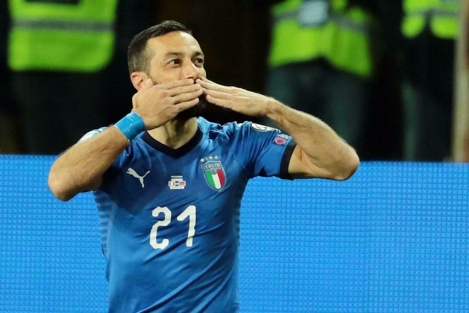 Italy's Fabio Quagliarella celebrates after scoring his team's third goal during a Euro 2020 Group J qualifying soccer match between Italy and Liechtenstein, at the Ennio Tardini stadium in Parma, Italy, Tuesday, March 26, 2019. (Serena Campanini/ANSA via AP)