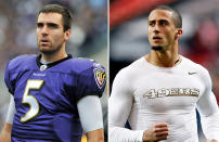 <b>The QT on the QB</b><br>Both <a href="http://sports.yahoo.com/news/guys-qb-super-bowl-201153980--nfl.html" data-ylk="slk:newbies;elm:context_link;itc:0;sec:content-canvas;outcm:mb_qualified_link;_E:mb_qualified_link;ct:story;" class="link  yahoo-link">newbies</a> in football's biggest game, the Baltimore Ravens' Joe Flacco may be more of a known entity, but the 49ers' Colin Kaepernick is dominating the QB searches: Queries for "colin kaepernick" (and the misspelling "colin kapernick") outnumber "joe flacco" four to one. Add up those related queries, though, and the ranking changes: Flacco queries are pretty much strictly business ("joe flacco stats") except for curiosity about those wedding photos, whereas people want to know about Kaepernick's ethnicity, those tattoos, and the <a href="http://sports.yahoo.com/blogs/nfl-shutdown-corner/colin-kaepernick-parents-stand-next-statue-son-getting-193937778--nfl.html" data-ylk="slk:wedgie statue;elm:context_link;itc:0;sec:content-canvas;outcm:mb_qualified_link;_E:mb_qualified_link;ct:story;" class="link  yahoo-link">wedgie statue</a>. But throw in those look-ups about Flacco's negotiations for a salary boost ($20 million contract?) and then the Baltimore QB's overall buzz gets boosted too, about four times that of Kaepernick's.