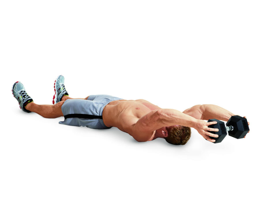 How to do it:<ol><li>Lie on your back on the floor and hold one dumbbell overhead with both hands.</li><li>Press the weight over your chest, then reach back over your head, bending your elbows only slightly.</li><li>Continue until you feel a stretch in your lats, then pull the dumbbell back over your chest.</li><li>Take a deep breath every time you lower the dumbbell behind you.</li></ol>