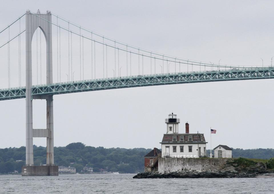Rose Island Lighthouse, with the Pell Bridge in the background.