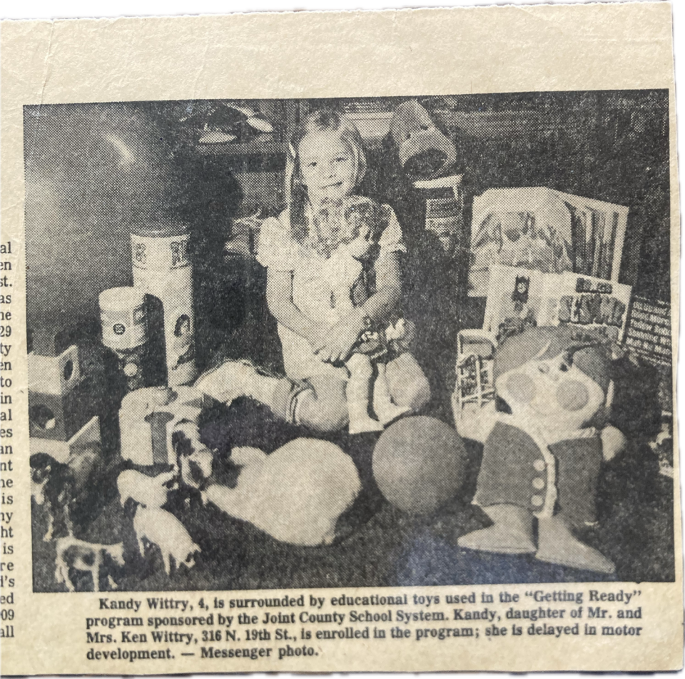 A newspaper clipping describes the special education services Kandace Wittry received as a child.