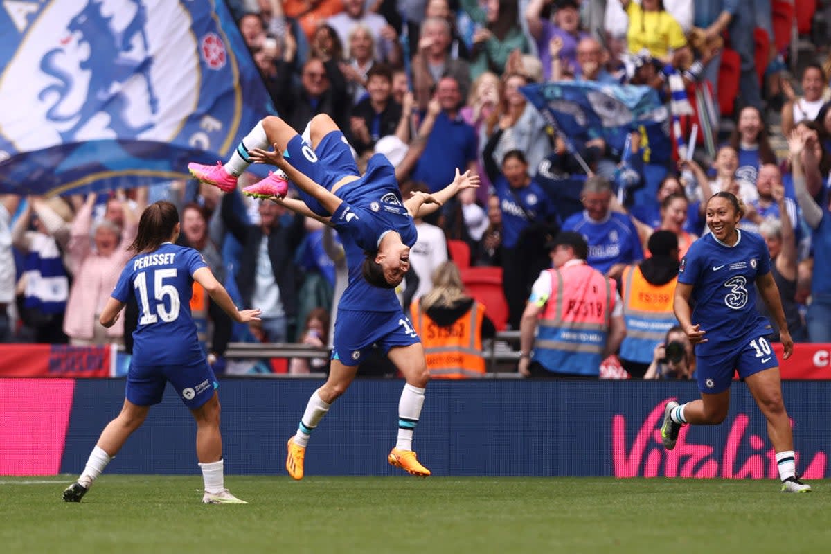 Sam Kerr celebrates Chelsea’s winner  (The FA via Getty)