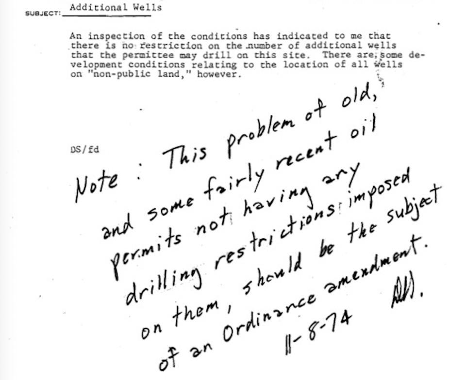 A 1974 memo in Ventura County's oil permit files notes the lack of drilling restrictions.