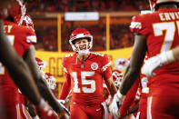 <p>KANSAS CITY, MO – OCTOBER 21: Patrick Mahomes #15, quarterback with the Kansas City Chiefs, shouted as he was greeted by teammates during introductions prior to the game against the Cincinnati Bengals at Arrowhead Stadium on October 21, 2018 in Kansas City, Missouri. (Photo by David Eulitt/Getty Images) </p>