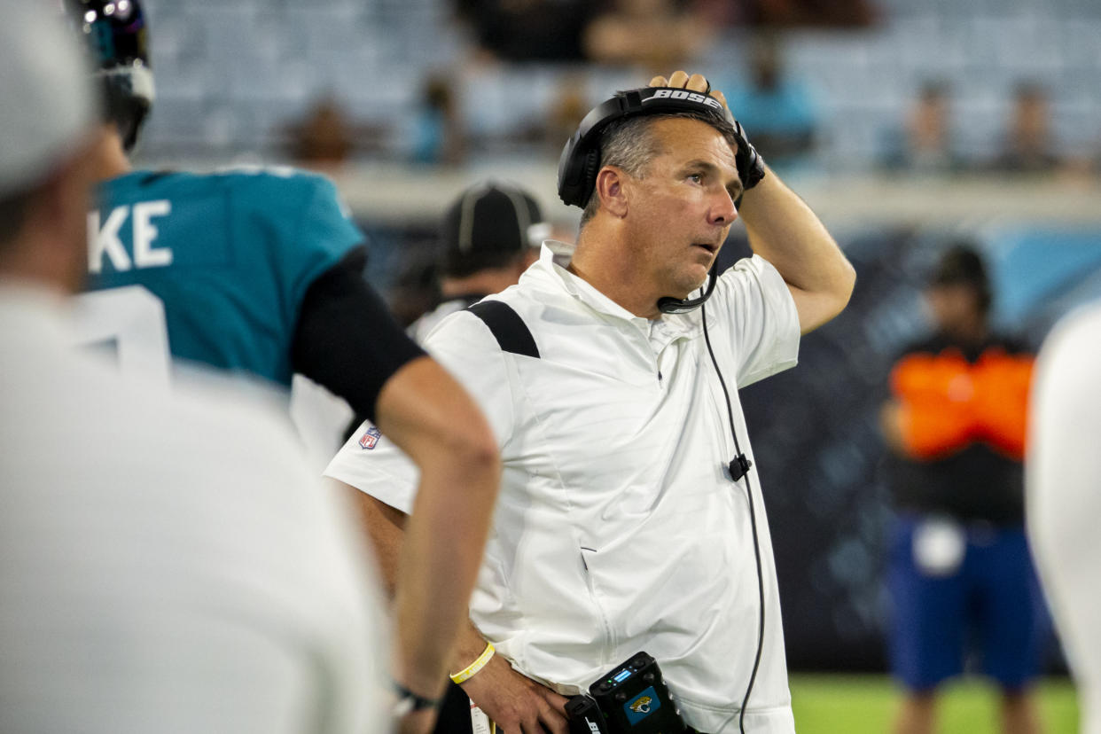 Jacksonville Jaguars head coach Urban Meyer wasn't happy to lose the first preseason game. (AP Photo/Stephen B. Morton)