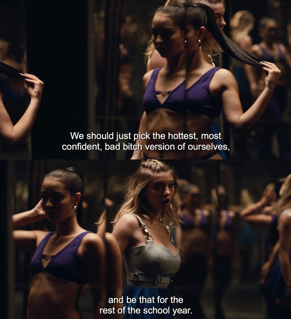 Alexa Demie as Maddy and Sydney Sweeney as Cassie hype themselves in the mirror in "Euphoria"