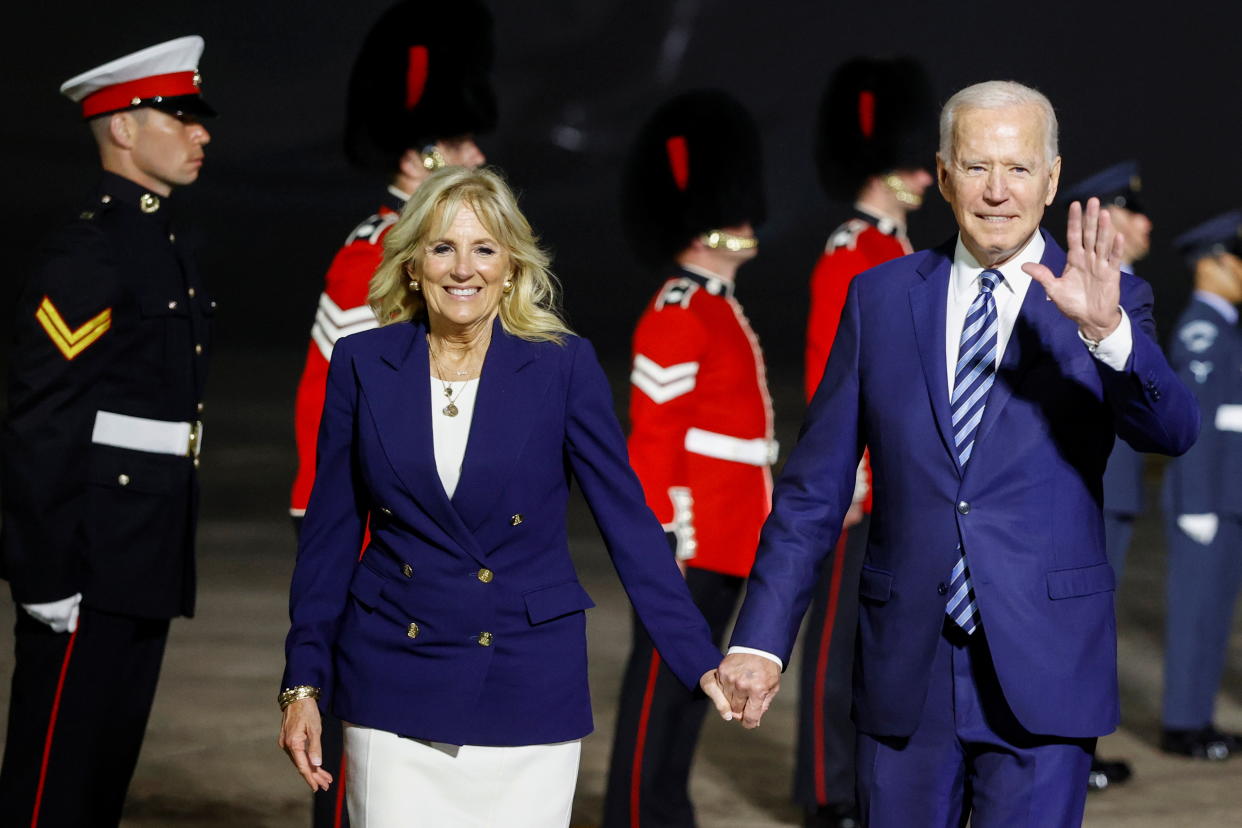 NEWQUAY, ENGLAND - JUNE 09: U.S. President Joe Biden and first lady Jill Biden react upon arrival at Cornwall Airport Newquay, on June 9, 2021 near Newquay, Cornwall, England. On June 11, Prime Minister Boris Johnson will host the Group of Seven leaders at a three-day summit in Cornwall, as the wealthiest nations look to chart a course for recovery from the global pandemic. (Photo by Phil Noble - WPA Pool/Getty Images)