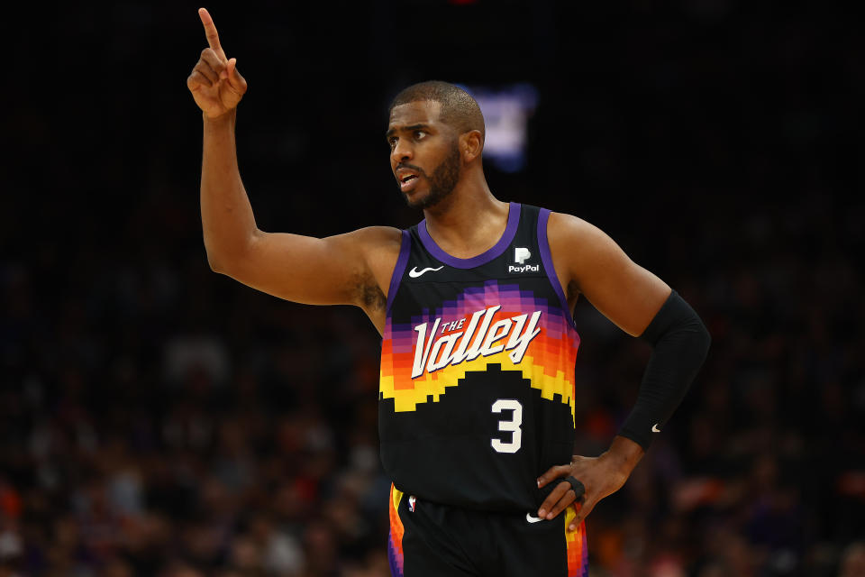 Phoenix Suns guard Chris Paul reacts against the Dallas Mavericks during Game 2 of Western Conference semifinals at Footprint Center in Phoenix on May 4, 2022. (Mark J. Rebilas/USA TODAY Sports)