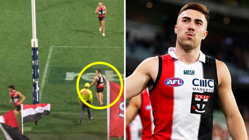 St Kilda forward Jade Gresham reacting to a goal and Gresham interacting with fans.