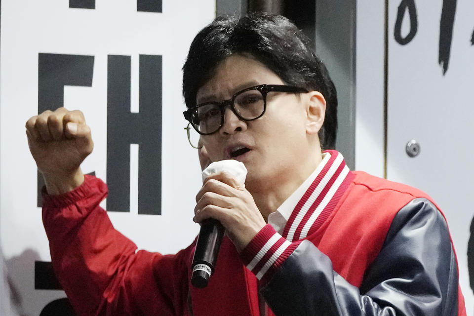 The ruling People Power Party's leader Han Dong-hoon speaks during a campaign rally for the upcoming parliamentary election in Goyang, South Korea, Monday, April 8, 2024. As South Koreans head to the polls to elect a new 300-member parliament on this week, many are choosing their livelihoods and other domestic concerns as the most important election issues. It's in a stark contrast from past elections that were overshadowed by security and foreign policy issues like North Korean nuclear threats and U.S. security commitment for South Korea. (AP Photo/Ahn Young-joon)