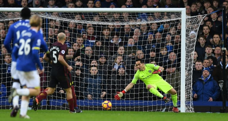 Claudio Bravo fails to stop Everton's Kevin Mirallas from scoring during the Premier League match at Goodison Park on January 15, 2017