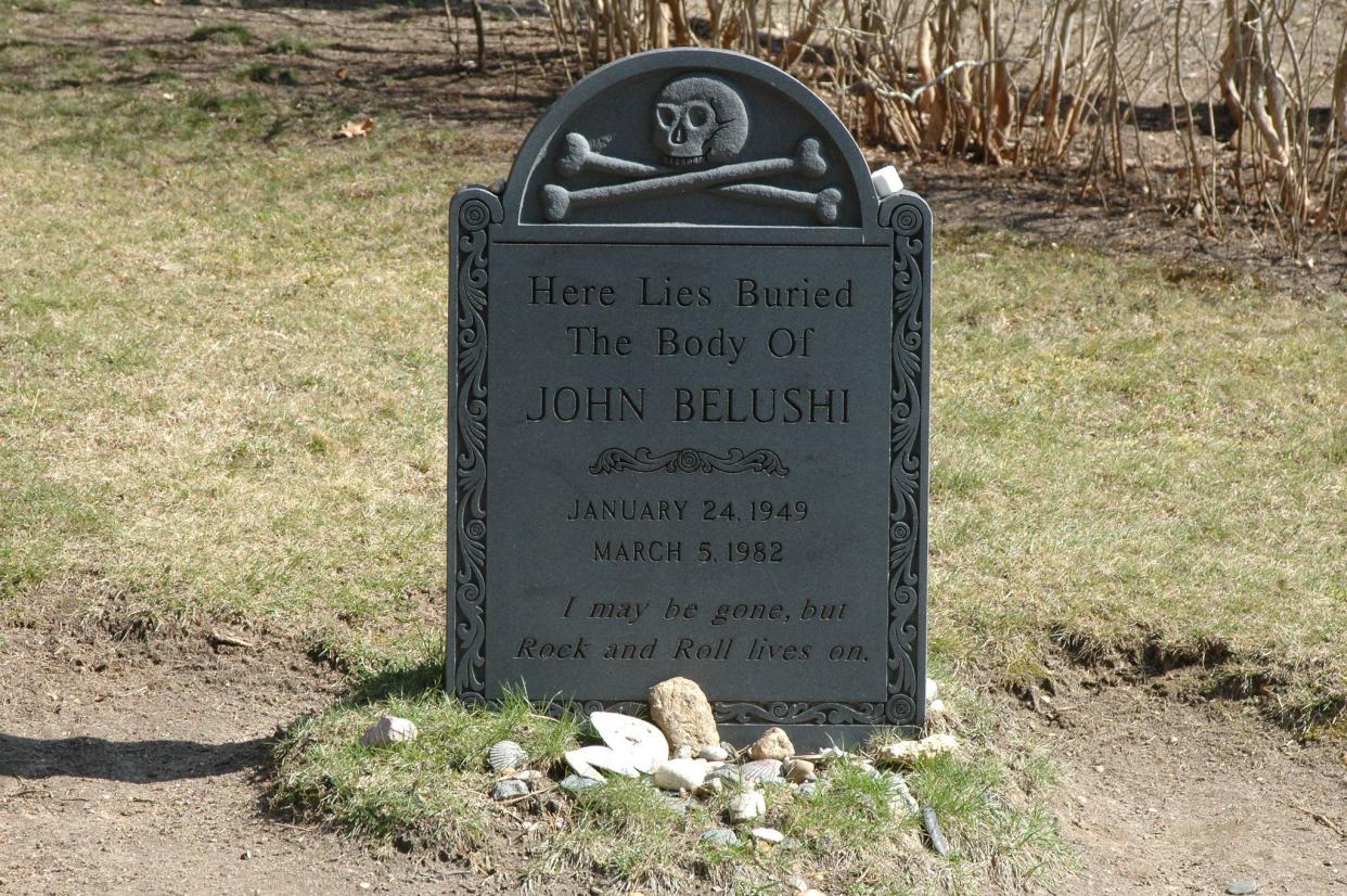 John Belushi's grave on the Chilmark Cemetery, Chilmark, Massachusetts, with rocks and sea shells by the headstone with grass in the background on a winter sunny day