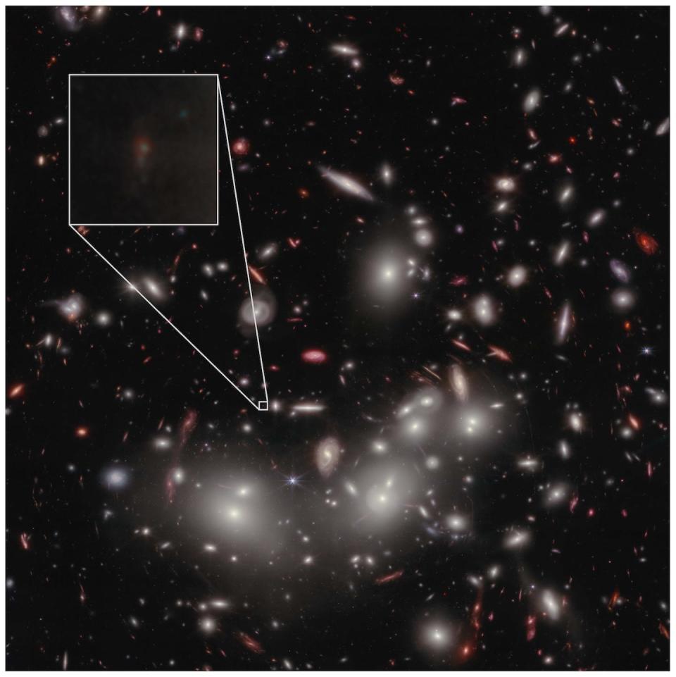 A sky full of galaxies and a few stars. JD1, pictured in a zoomed-in box, is the faintest galaxy yet found in the early universe. Guido Roberts-Borsani/UCLA; original images: NASA, ESA, CSA, Swinburne University of Technology, University of Pittsburgh, STScI