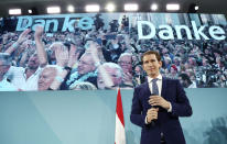 Former Austrian chancellor and top candidate of the Austrian People's Party, OEVP, Sebastian Kurz talks to his supporters in Vienna, Austria, Sunday, Sept. 29, 2019. (AP Photo/Matthias Schrader)