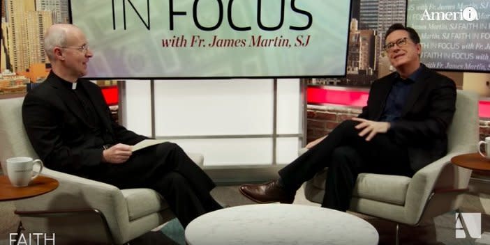 Stephen Colbert speaks with the Rev. James Martin on the Catholic program "Faith in Focus." (Photo: YouTube / America - The Jesuit Review)