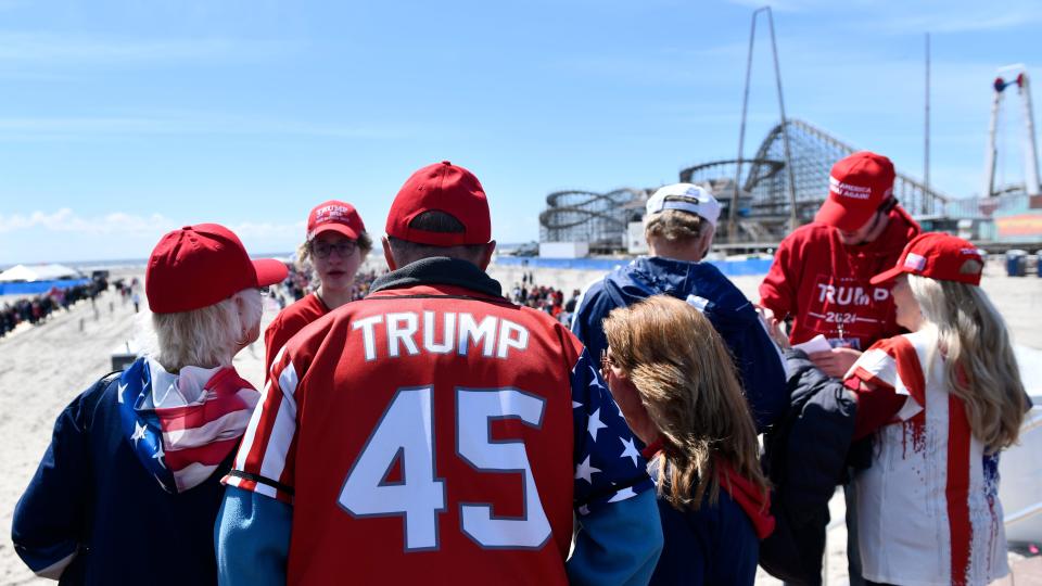 Donald Trump supporters wait in line to enter Trump's beach rally in Wildwood, NJ on Saturday, May 11, 2024.