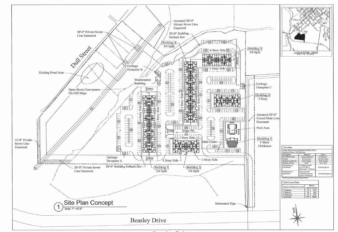 The master site plan for new apartments planned for Beasley Drive and Dull Street in Dickson.