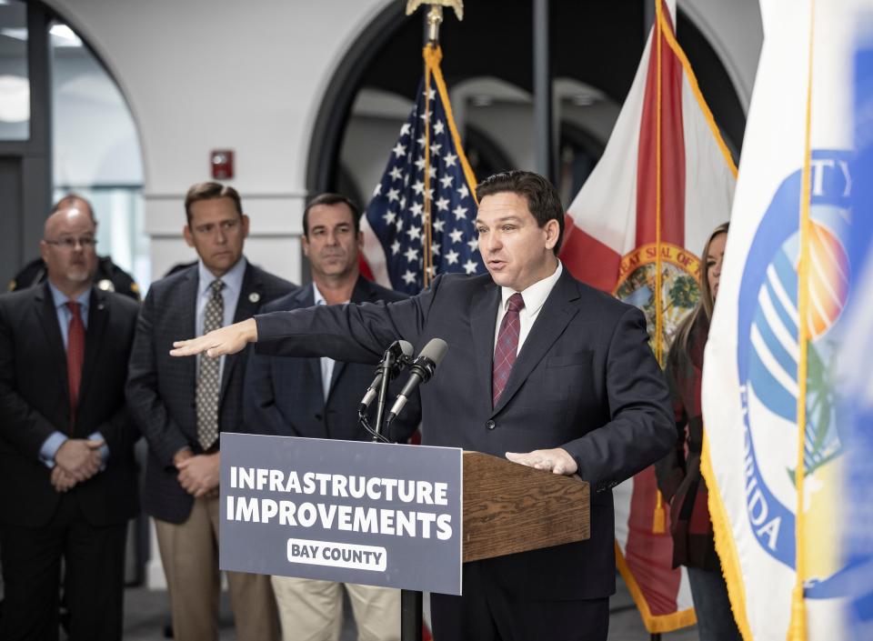 Gov. Ron DeSantis announces a release of funds for Hurricane Michael recovery to Panama City at a press conference Thursday at City Hall.