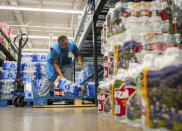 Water is stocked at Walmart after a boil water notice was issued for the entire city of Houston on Sunday, Nov. 27, 2022, at Walmart on S. Post Oak Road in Houston. (Mark Mulligan/Houston Chronicle via AP)