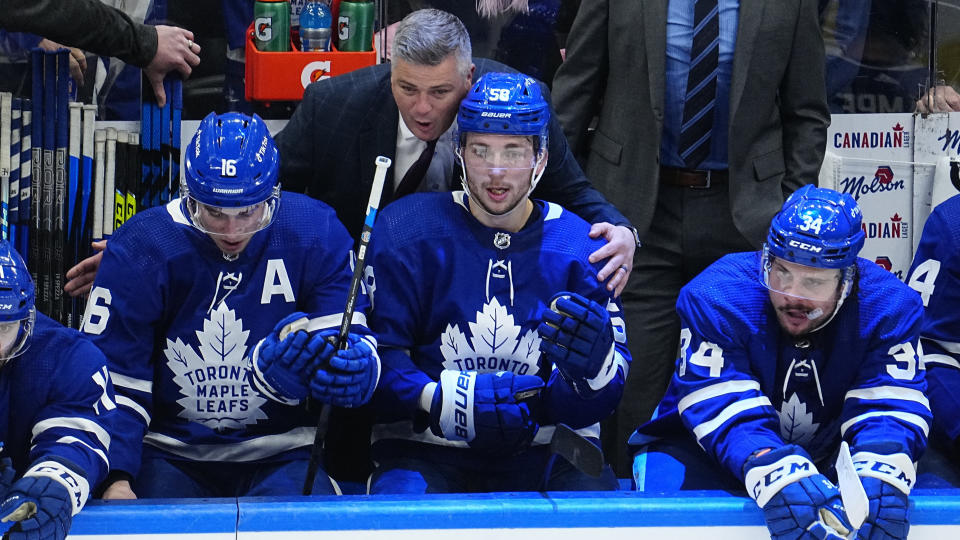 Maple Leafs stars Mitch Marner and Auston Matthews downplayed head coach Sheldon Keefe calling them out publicly after Monday's loss to Arizona. (Photo via USA TODAY Sports)