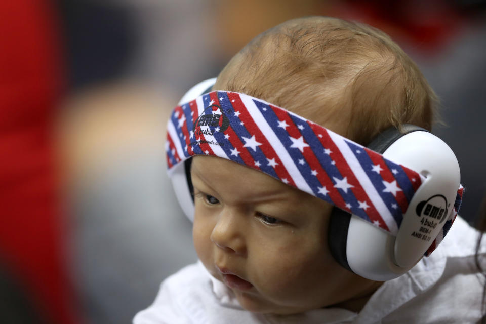 RIO DE JANEIRO, BRAZIL - AUGUST 11:  Boomer Phelps wears ear protection during the evening swim session on Day 6 of the Rio 2016 Olympic Games at the Olympic Aquatics Stadium on August 11, 2016 in Rio de Janeiro, Brazil.  (Photo by Al Bello/Getty Images)