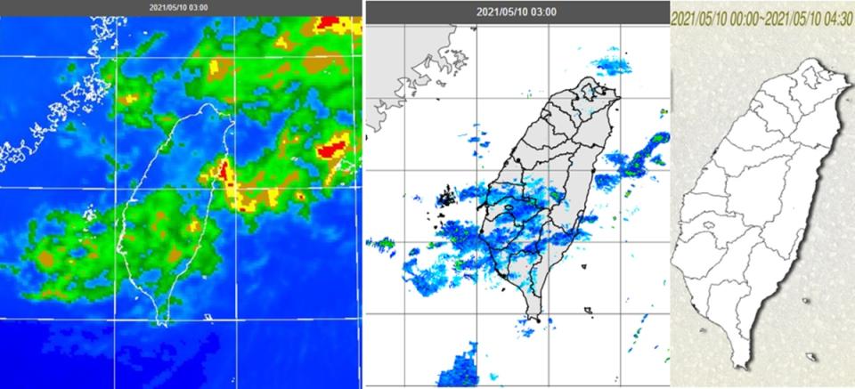 今晨觀測資料顯示，昨日福建一帶的對流胞，今晨3時移至台灣上空，僅剩殘存、且逐漸消散中的中高層狀雲（左），雷達監測的弱回波（中）則顯示，雲層中大多為小冰晶；截至4：30各地無降雨（右圖）。