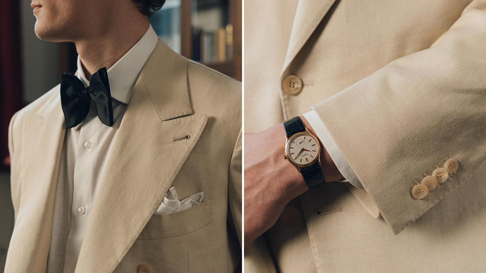 The Anthology's linen and cotton blend, seen here in a double-breasted suit, is milled in Japan.