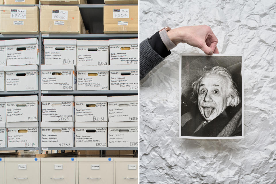 Left: Boxes and filing cabinets of images fill the archive. Right: Albert Einstein sticks out his tongue when asked by photographers to smile on his 72nd birthday on March 14, 1951.