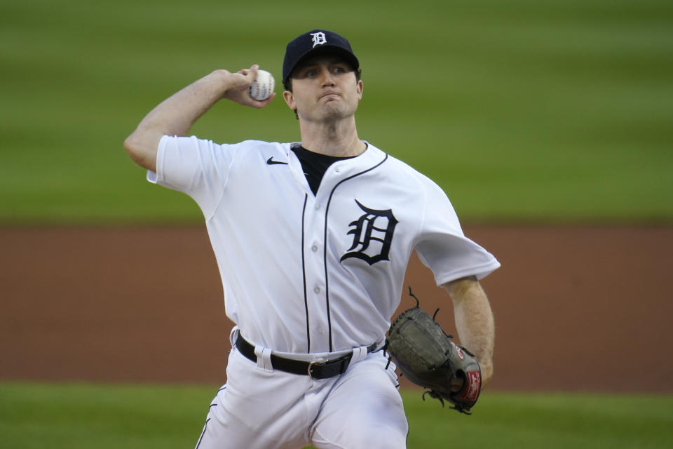 Detroit Tigers pitcher Casey Mize throws against the Cleveland Indians in the first inning of a baseball game in Detroit, Thursday, Sept. 17, 2020. (AP Photo/Paul Sancya)