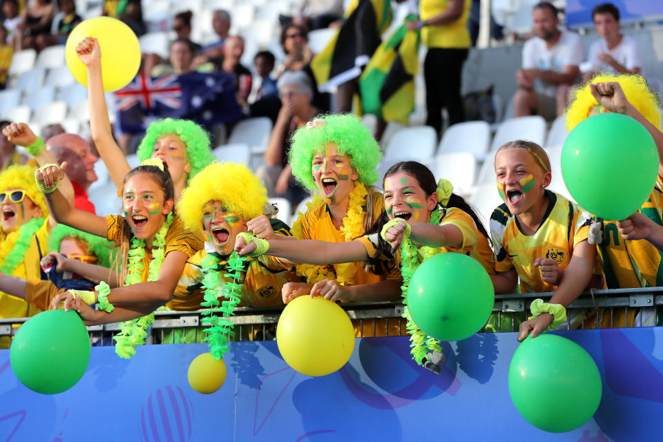 Australia fans enjoy the pre match atmosphere prior to the 2019 FIFA Women's World Cup France group C match between Jamaica and Australia at Stade des Alpes on June 18, 2019 in Grenoble, France. (Photo by Elsa/Getty Images)