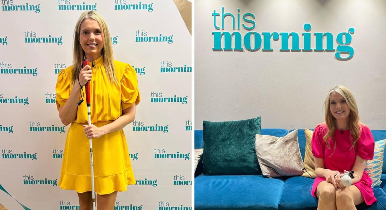 Two pictures of blind presenter Claire Sisk, one her wearing yellow standing with her cane infront of This Morning sign and one sitting on a blue sofa wearing pink under the This Morning sign. (Supplied)