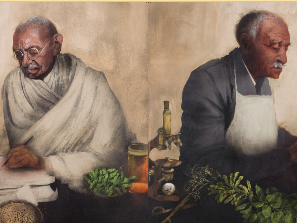 A painting of George Washington Carver and Mahatma Gandhi, by Iowa artist Mary Kline-Misol, hangs in the World Food Prize Hall of Laureates in Des Moines. Gandhi once sought advice from Carver.