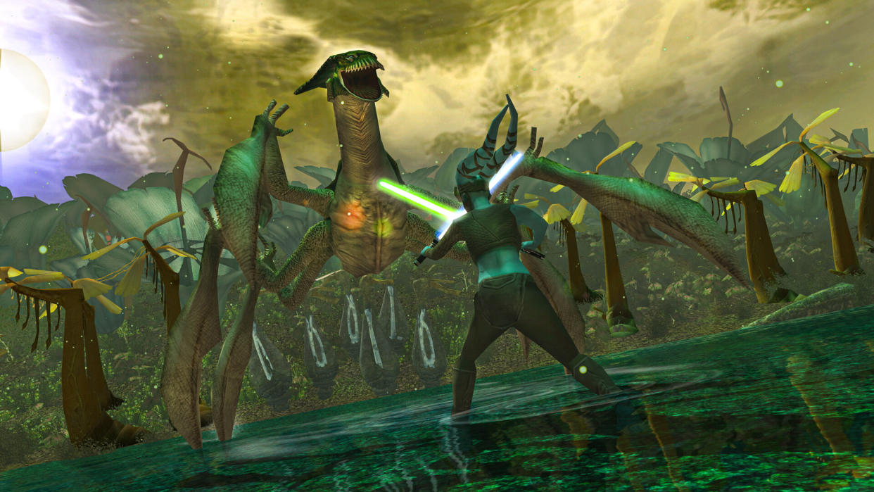  Aayla Secura faces down a big alien bug in Star Wars: Battlefront Classic Collection. 