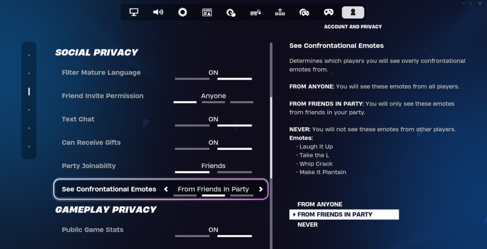 You can find the new option under the ‘account and privacy’ panel in Fortnite’s settings (Epic Games)