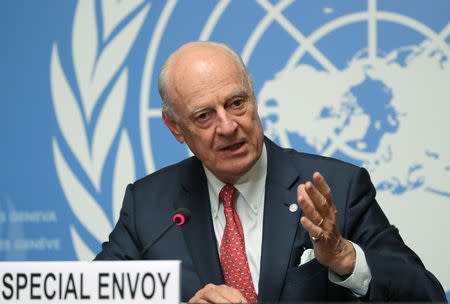 U.N. Special Envoy for Syria Staffan de Mistura attends a news conference after talks on forming a constitutional committee in Syria, at the United Nations in Geneva, Switzerland, December 18, 2018. REUTERS/Denis Balibouse