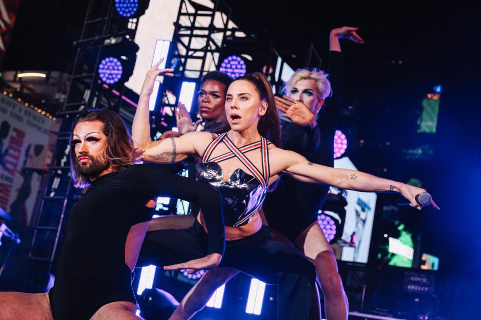 Mel C and Sink the Pink perform at the World Pride closing ceremony in N.Y.C.’s Times Square on Sunday.