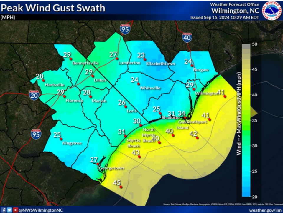 A map of predicted wind gust speeds from the National Weather Service. There is a low pressure system building in the ocean that is anticipated to make its way to the coast on Monday.