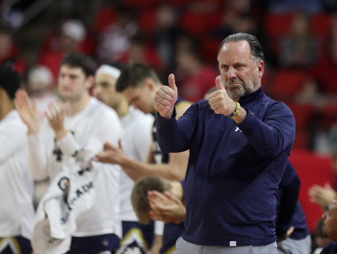 Notre Dame head coach Mike Brey motions from the sideline during the second half of the Wolfpack’s 85-82 win at PNC Arena on Tuesday, Jan. 24, 2023, in Raleigh, N.C.