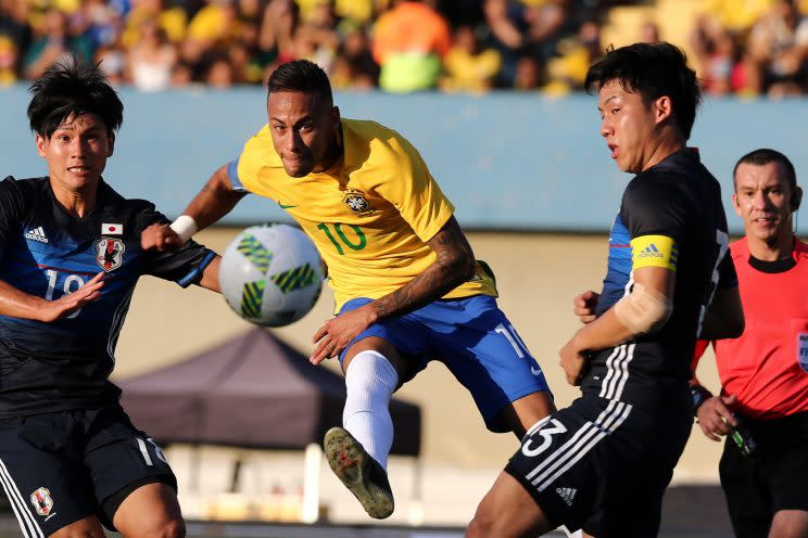 Brazil's Neymar takes a shot during a friendly match between Japan and Brazil. (Getty)