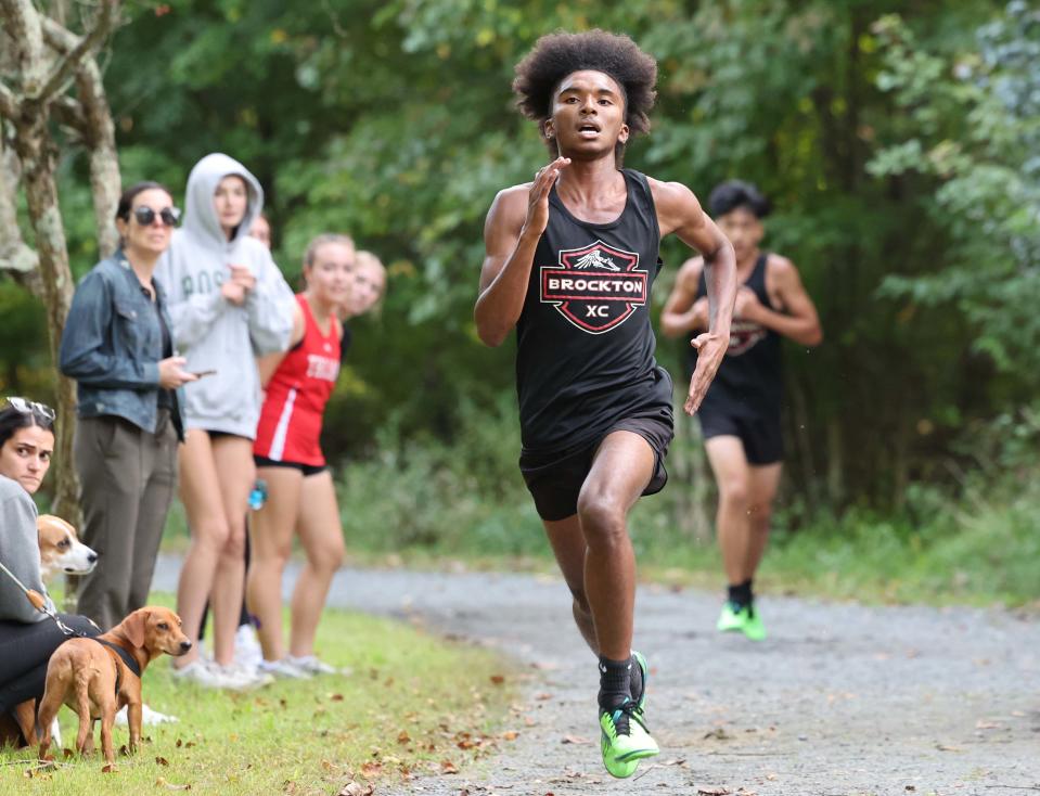 Brockton's Aaron Corlette finished in second place during the boys cross country meet versus Bridgewater-Raynham at the Natural Trust in Easton on Wednesday, Sept. 27, 2023.