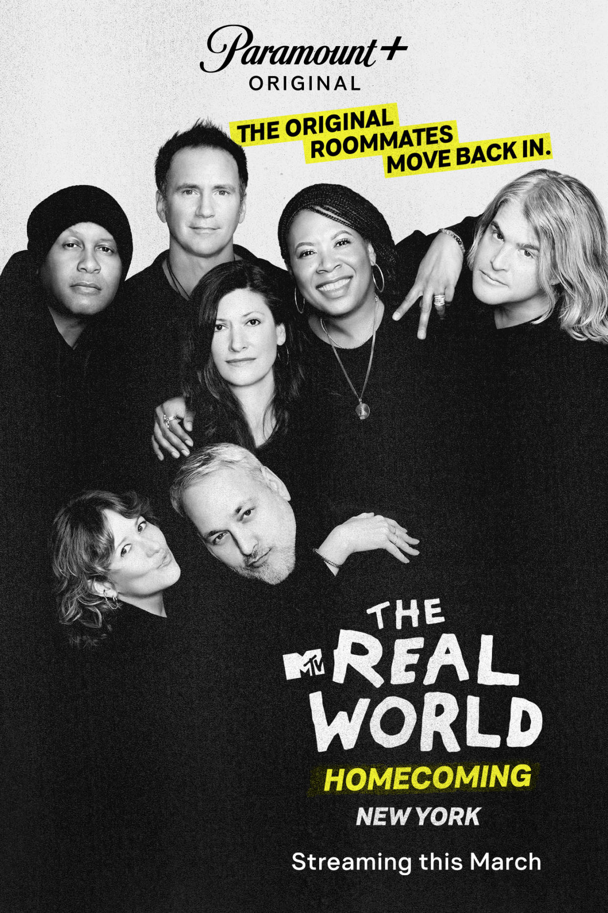 The Real World Season 1 cast, clockwise: Kevin Powell, Eric Nies, Julie Gentry, Heather B. Gardner, Andre Comeau, Norman Korpi, Becky Blasband. (Photo: MTV/Paramount+)