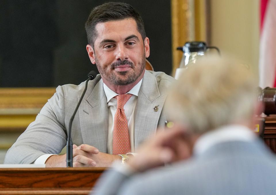 Brandon Cammack testifies during the 6th day of the impeachment trial of Texas Attorney General Ken Paxton in the Senate chamber at the Texas State Capitol in Austin on Tuesday, September 12, 2023. Paxton pleaded not guilty last week to numerous articles of impeachment.