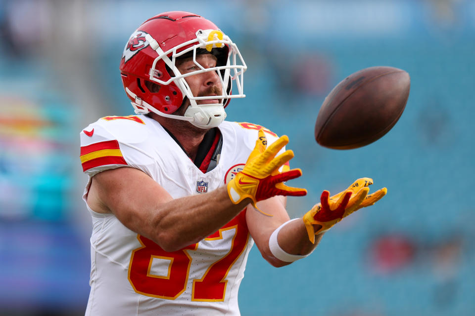 Kansas City Chiefs tight end Travis Kelce (87) warms up before a preseason game against the Jacksonville Jaguars at EverBank Stadium on August 10, 2024 in Jacksonville, Florida, USA. Credit: Nathan Ray Seebeck - USA TODAY Sports