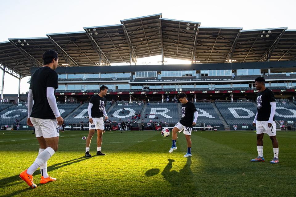 Hailstorm FC players warm up before a U.S. Open Cup third-round soccer match against the Colorado Rapids at Dick's Sporting Goods Park in Commerce City on Wednesday.